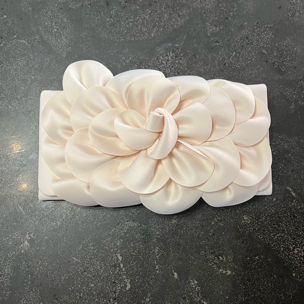 Soft Nappa Flap Clutch With Satin Rose Detail Bone